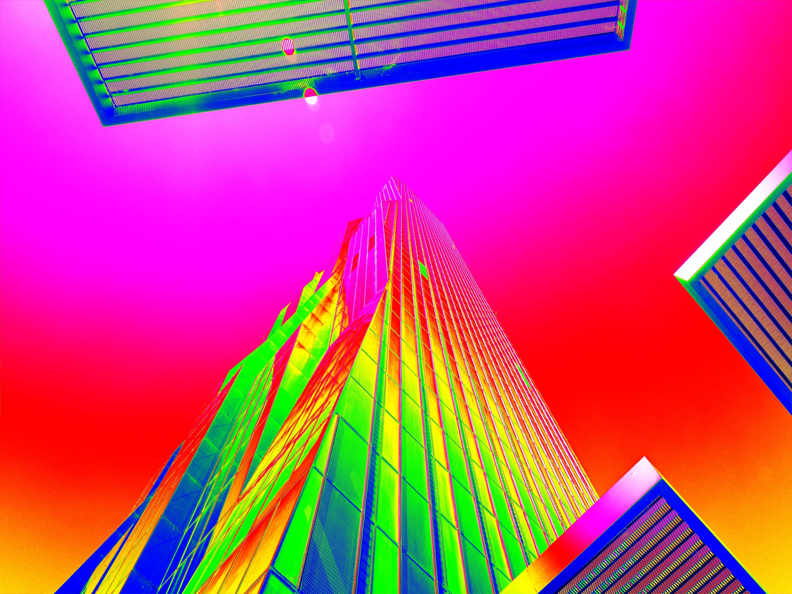 Thermal scan of skyscraper sticking into sky. High concrete building.